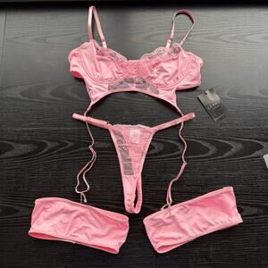 NEW LUSHY Intimates Pink Lace Lingerie Garter Set Size M
